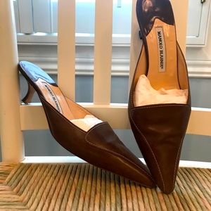 Manolo Blahnik Brown Leather Mules with Heel